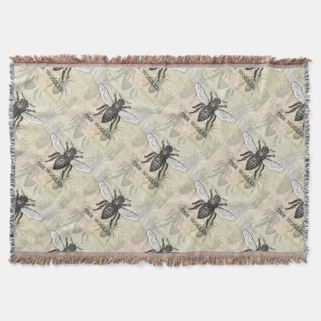 Vintage Worker Bee Illustration Art Throw Blanket (Front)
