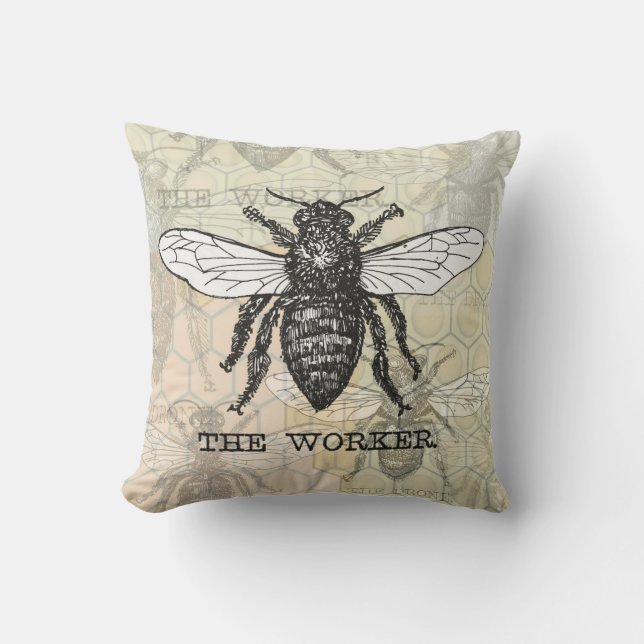Vintage Worker Bee Illustration Art Throw Pillow (Front)