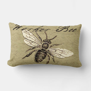 Vintage Worker Bee Insect Illustration Antique Lumbar Pillow