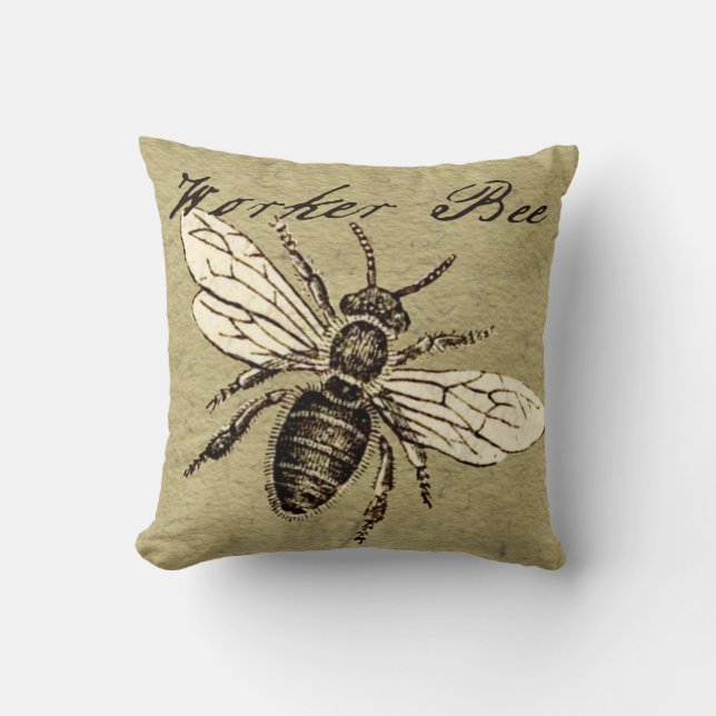 Vintage Worker Bee Insect Illustration Antique Throw Pillow (Front)