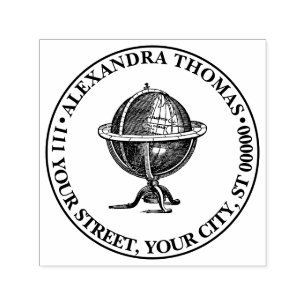 Vintage World Globe Lithograph BW Name Address Self-inking Stamp
