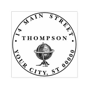 Vintage World Globe Lithograph BW Name Address Self-inking Stamp