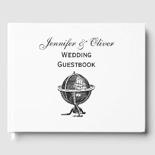 Vintage World Globe Lithograph Drawing BW Guest Book