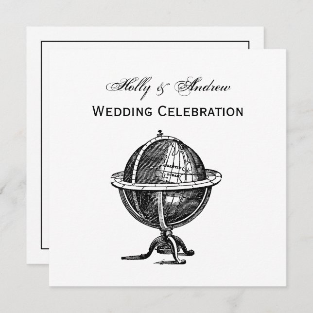 Vintage World Globe Lithograph Drawing BW Invitation (Front/Back)