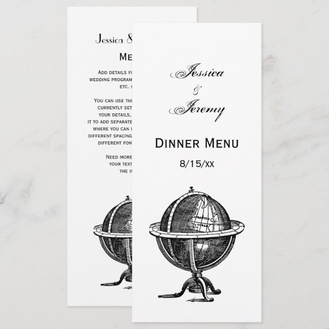 Vintage World Globe Lithograph Drawing BW Invitation (Front/Back)