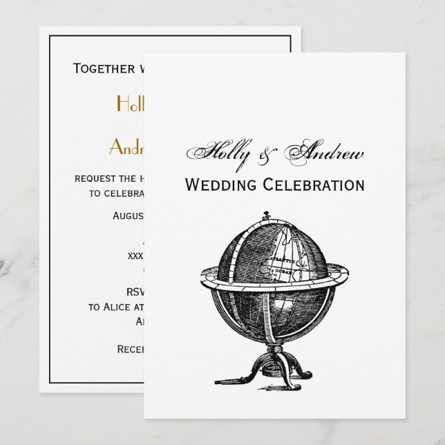Vintage World Globe Lithograph Drawing BW Invitation (Front/Back)