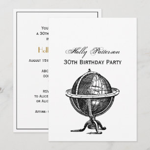 Vintage World Globe Lithograph Drawing BW Invitation