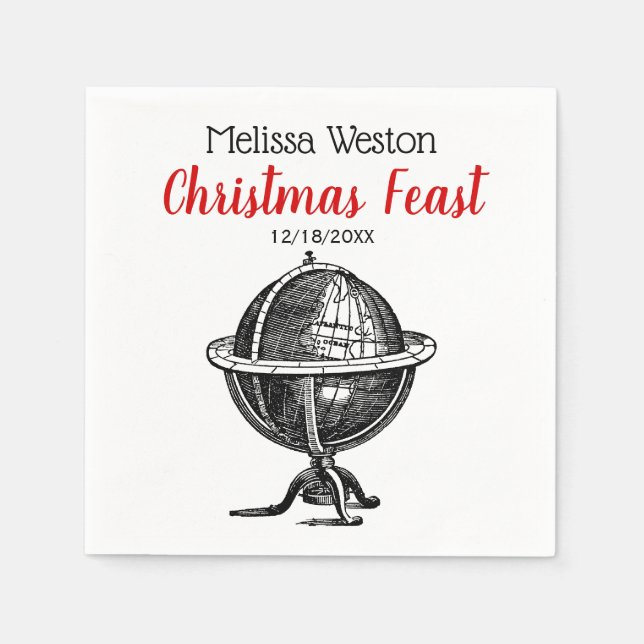 Vintage World Globe Lithograph Drawing BW Napkin (Front)