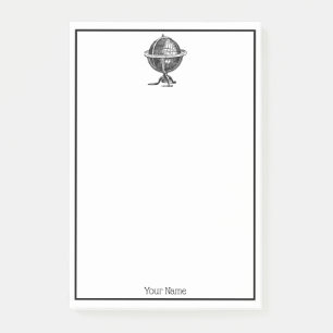 Vintage World Globe Lithograph Drawing BW Post-it Notes