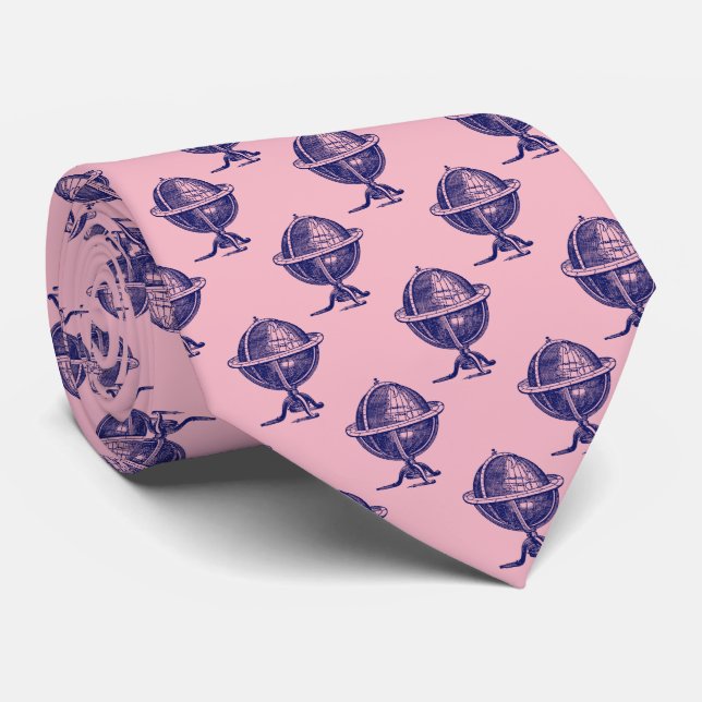 Vintage World Globe Lithograph Drawing Navy Tie (Rolled)