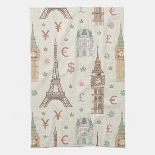Vintage World Landmarks Travel Sketch Kitchen Towel