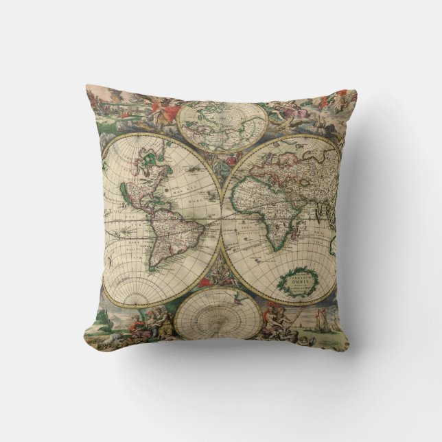 Vintage World Map 1689 Throw Pillow (Front)