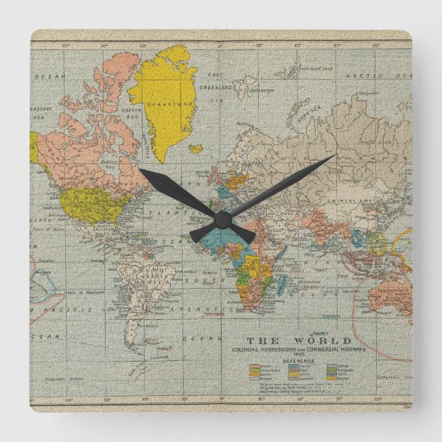 Vintage World Map 1910 Square Wall Clock (Front)