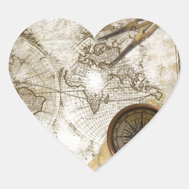 Vintage World Map And Tools Heart Sticker (Front)