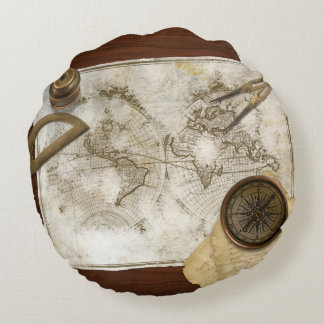 Vintage World Map And Tools Round Pillow Map Of The World Round Pillow Map Of The World Round Pillow Vintage World Map And Tools Round Pillow