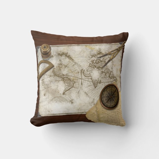 Vintage World Map And Tools Throw Pillow (Front)