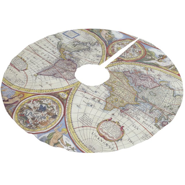 Vintage world map brushed polyester tree skirt (Angled)