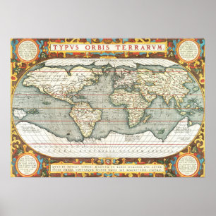 Vintage World Map by Abraham Ortelius 1587–1595 Poster