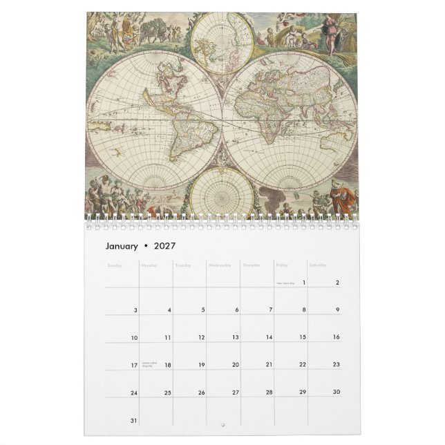 Vintage World Map Calendar (Jan 2027)