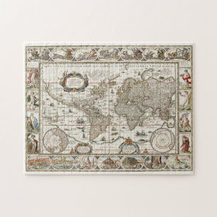 Vintage World Map Cartography w/ Art Illustrations Jigsaw Puzzle