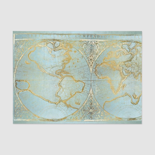Vintage World Map Gold Aqua Tissue Paper (Front)