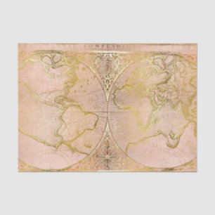 Vintage World Map Gold Grey Blush Pink Tissue Paper