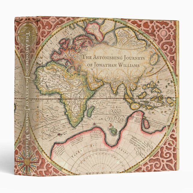 Vintage World Map Monogram Name Binder (Front/Spine)