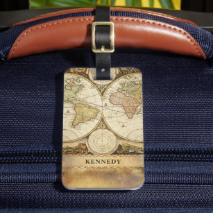 Vintage World Map   Name & Contact Info Luggage Tag