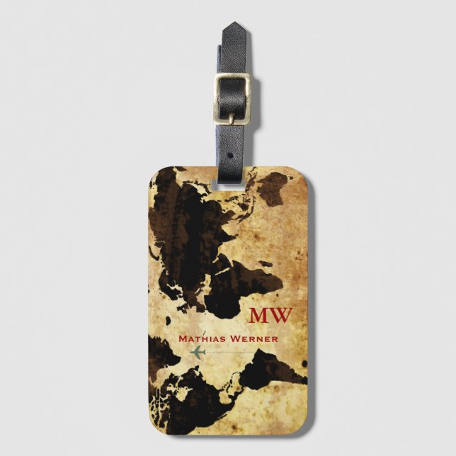 vintage world map personalized luggage tag (Front Vertical)
