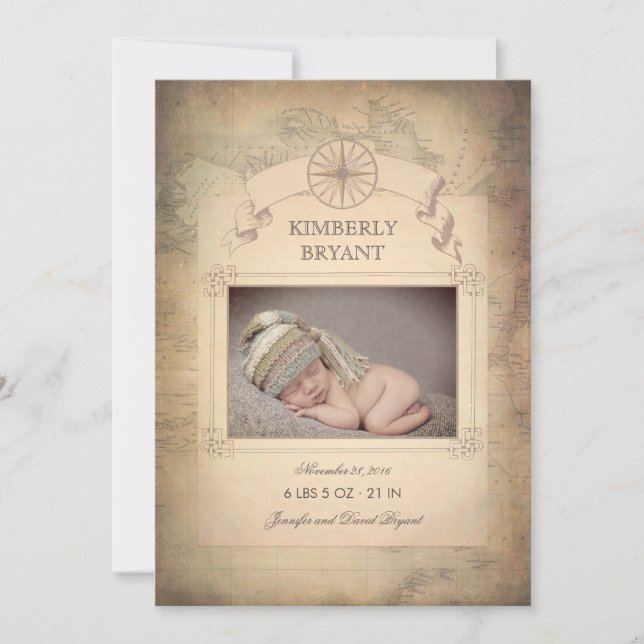 Vintage World Map Photo Baby Birth Announcement (Front)