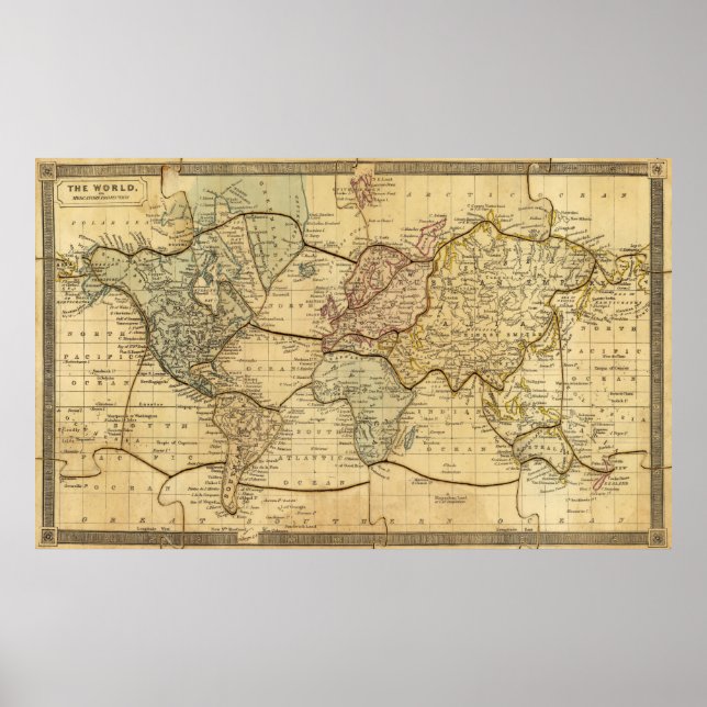 Vintage World Map Puzzle Illustration (1840) Poster (Front)
