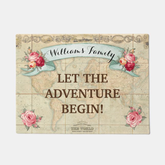 Vintage World Map Roses Customized Doormat (Front)