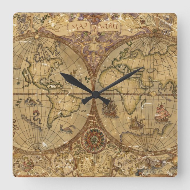 Vintage World Map Square Wall Clock (Front)