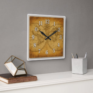 Vintage World Map Square Wall Clock