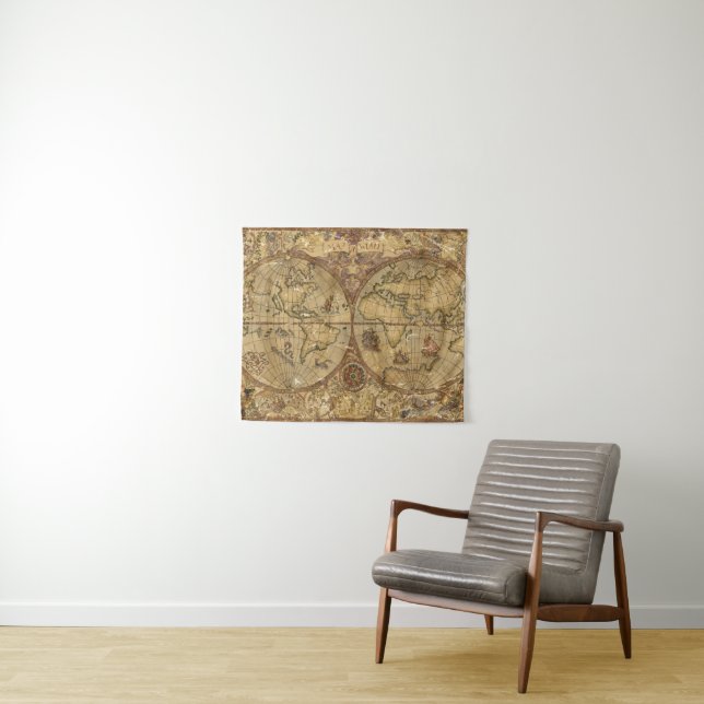 Vintage World Map Tapestry (In Situ (Horizontal))