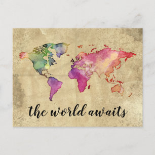 Vintage World Map The World Awaits Postcard