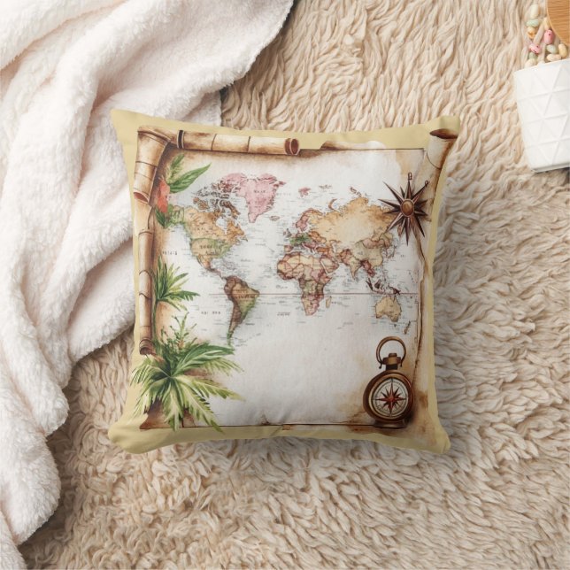 Vintage World Map Throw Pillow (Blanket)