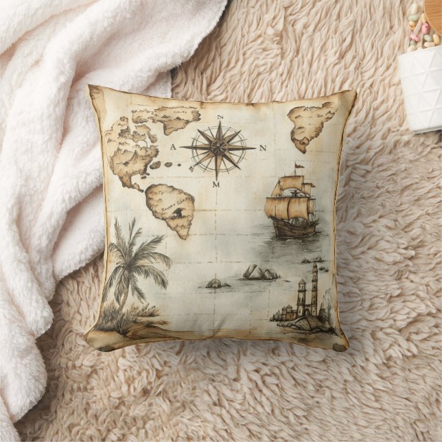 Vintage World Map Throw Pillow (Blanket)