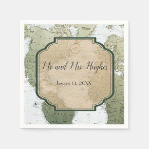 Vintage world map travel themed wedding napkin