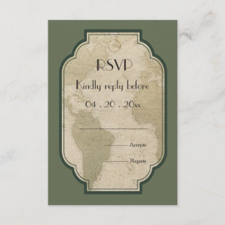 Vintage world map travel themed wedding RSVP