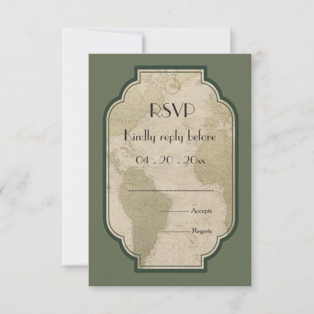 Vintage world map travel themed wedding RSVP Card (Front)