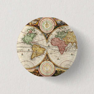 Vintage World Map Two Hemispheres Rare Antique Art 1 Inch Round Button