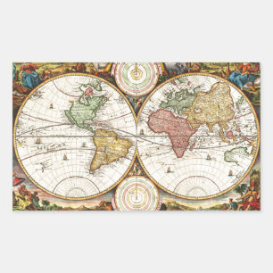 Vintage World Map Two Hemispheres Rare Antique Art Sticker
