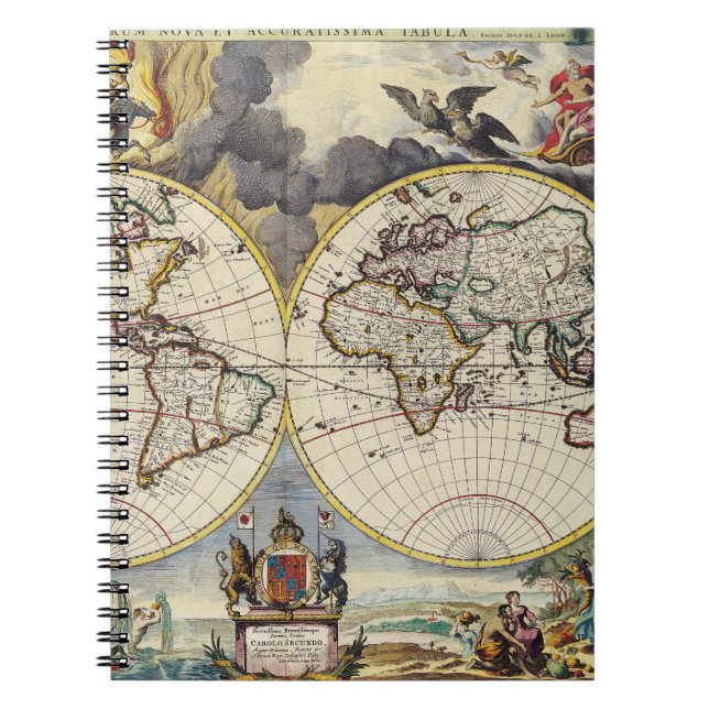 Vintage World Map with Mythological Four Elements Notebook (Front)