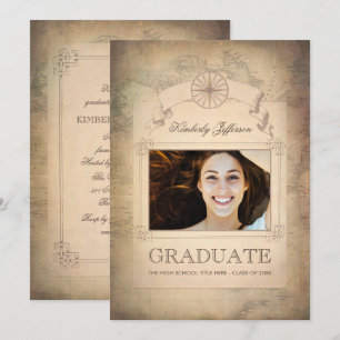 Vintage World Travel Map Graduation Party Invitation