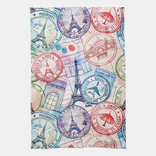 Vintage World Travel Stamp Pattern (2) Kitchen Towel