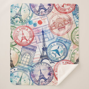 Vintage World Travel Stamp Pattern (2) Sherpa Blanket