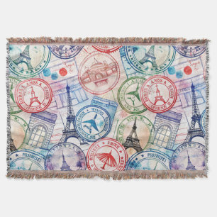 Vintage World Travel Stamp Pattern (2) Throw Blanket