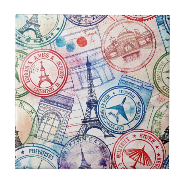 Vintage World Travel Stamp Pattern (2) Tile (Front)