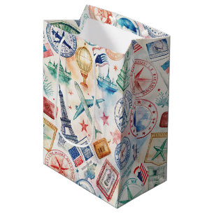 Vintage World Travel Stamp Pattern (3) Medium Gift Bag